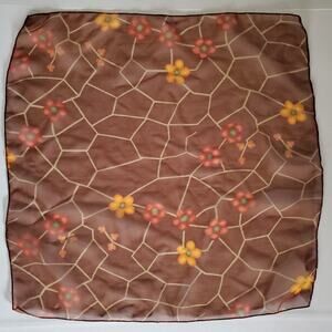 Vintage Women's Scarf BROWN FLORAL MOSAIC Art Sheer Light Chiffon 19" SQUARE